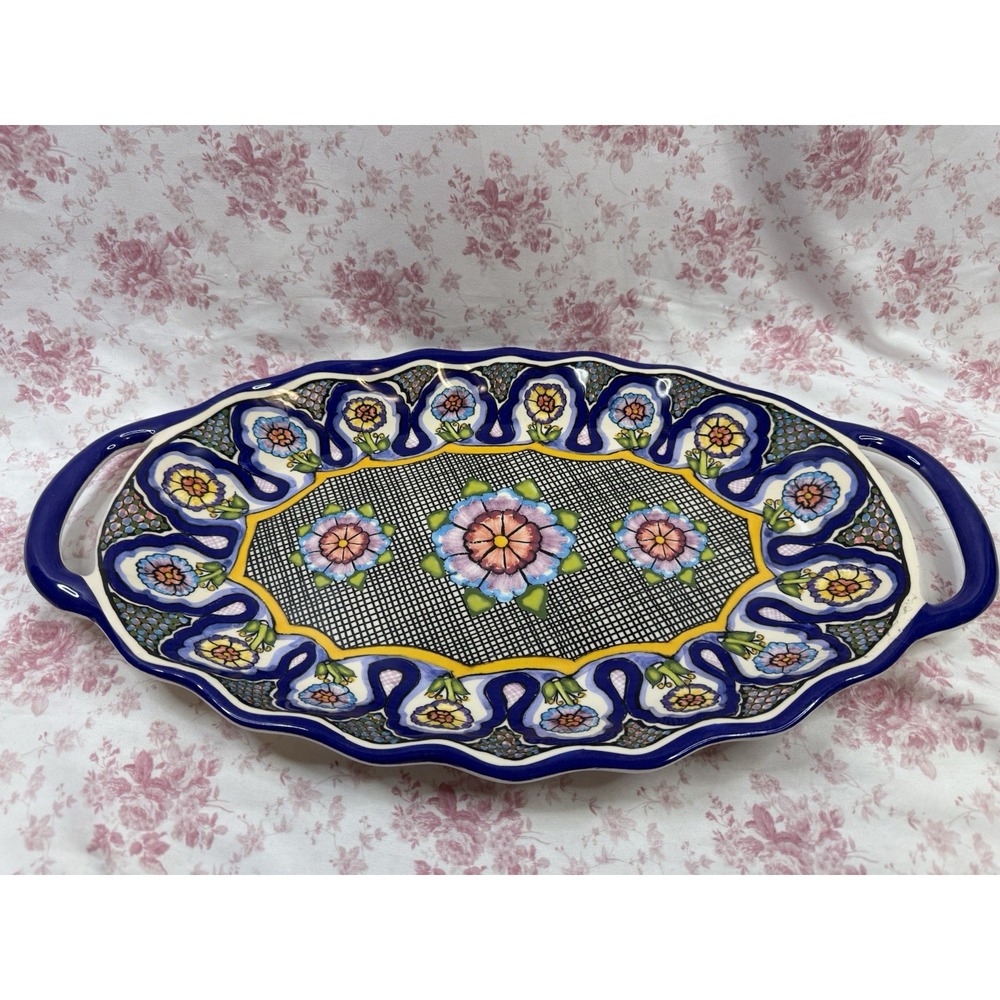 Colorful Floral Melamine Serving Tray with Handles 11" x 20"